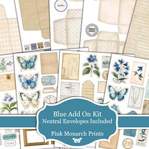 Blauwe uitbreidingsset, met neutrale enveloppen, GOUD-project voor 24 OCT, Junk Journal Supplies, Vintage, Ephemera, Digitaal, Afdrukbaar Junk Journal