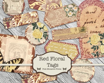 Red Floral Tags, Junk Journal Labels, Junk Journal Ephemera, Vintage Printable Tags, Printable Labels, Digital Labels, Embellishments, Red