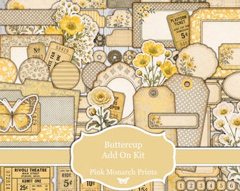Buttercup Add On Kit, Printable Papers, Junk Journal, Scrapbooking, Ephemera, Yellow (Digital Download)