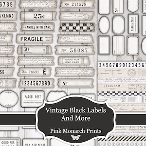 May include: A collection of vintage-style paper labels and ephemera featuring black text and graphics on a white background. Elements include postal stamps, numbers, telegram forms, and various rectangular and oval frames with text like Fragile.