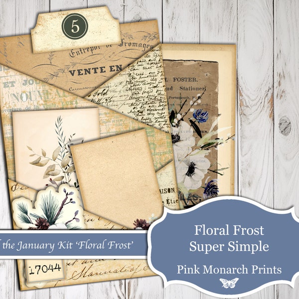 Frosted Floral Super Simple, January 2024 Sub Kit, Junk Journal Kit, Junk Journal, Folio, Junk Journaling Ephemera, Pink Monarch Prints