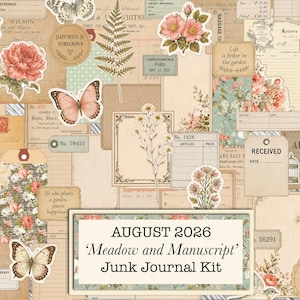 Peut inclure: Un kit de junk journal composé d'un collage de papiers éphémères de style vintage, d'illustrations botaniques de fleurs et de fougères, de papillons et de formulaires anciens avec le texte AUGUST 2026 Meadow and Manuscript Junk Journal Kit.