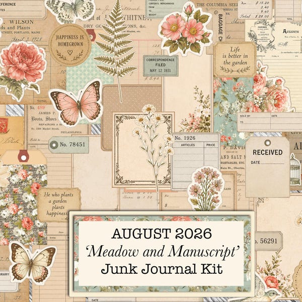 Meadow and Manuscript, Printable Kit, 58 Pages, Junk Journal Scrapbooking Kit (Digital Download)