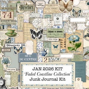 Puede incluir: Un collage de estilo vintage en tonos azules y crema, con mariposas, ilustraciones botánicas y elementos de texto. El texto dice "JAN 2026 KIT 'Faded Coastline Collection' Junk Journal Kit".