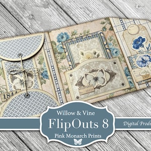 Puede incluir: Un proyecto de manualidades de papel de estilo vintage, abierto para mostrar su interior. El diseño presenta patrones florales azules, ilustraciones de mariposas y etiquetas decorativas. El texto "Willow & Vine FlipOuts 8" es visible.