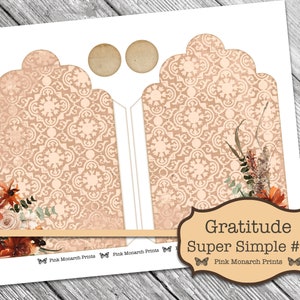 以下が含まれることがあります： 花柄のデザインと「Gratitude Super Simple #3 Pink Monarch Prints」というテキストが書かれた、印刷可能な感謝状のテンプレートです。