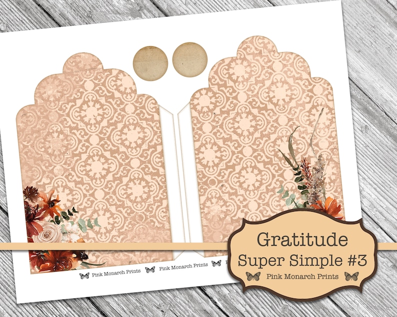 以下が含まれることがあります： 花柄のデザインと「Gratitude Super Simple #3 Pink Monarch Prints」というテキストが書かれた、印刷可能な感謝状のテンプレートです。