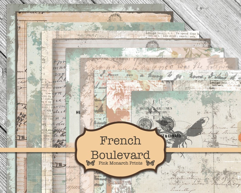 May include: A set of 10 digital papers featuring a vintage French theme. The papers are in shades of blue, green, and brown with handwritten text and floral designs. The papers are perfect for scrapbooking, card making, and other paper crafts.