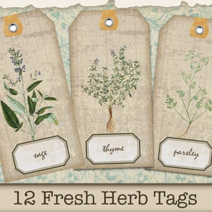 May include: Three vintage-style gift tags with illustrations of sage, thyme, and parsley. Each tag has a brown background with a white label and the name of the herb printed in black.