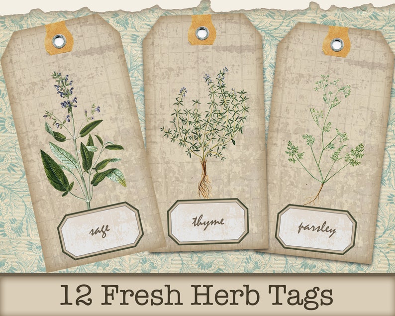 May include: Three vintage-style gift tags with illustrations of sage, thyme, and parsley. Each tag has a brown background with a white label and the name of the herb printed in black.