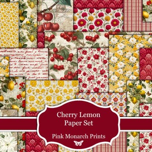 Cherry Lemon-papierset, afdrukbaar papier, digitaal junkjournaal, plakboekpapier, Pink Monarch-afdrukken, Red Junk Journal, Yellow Junk Journal