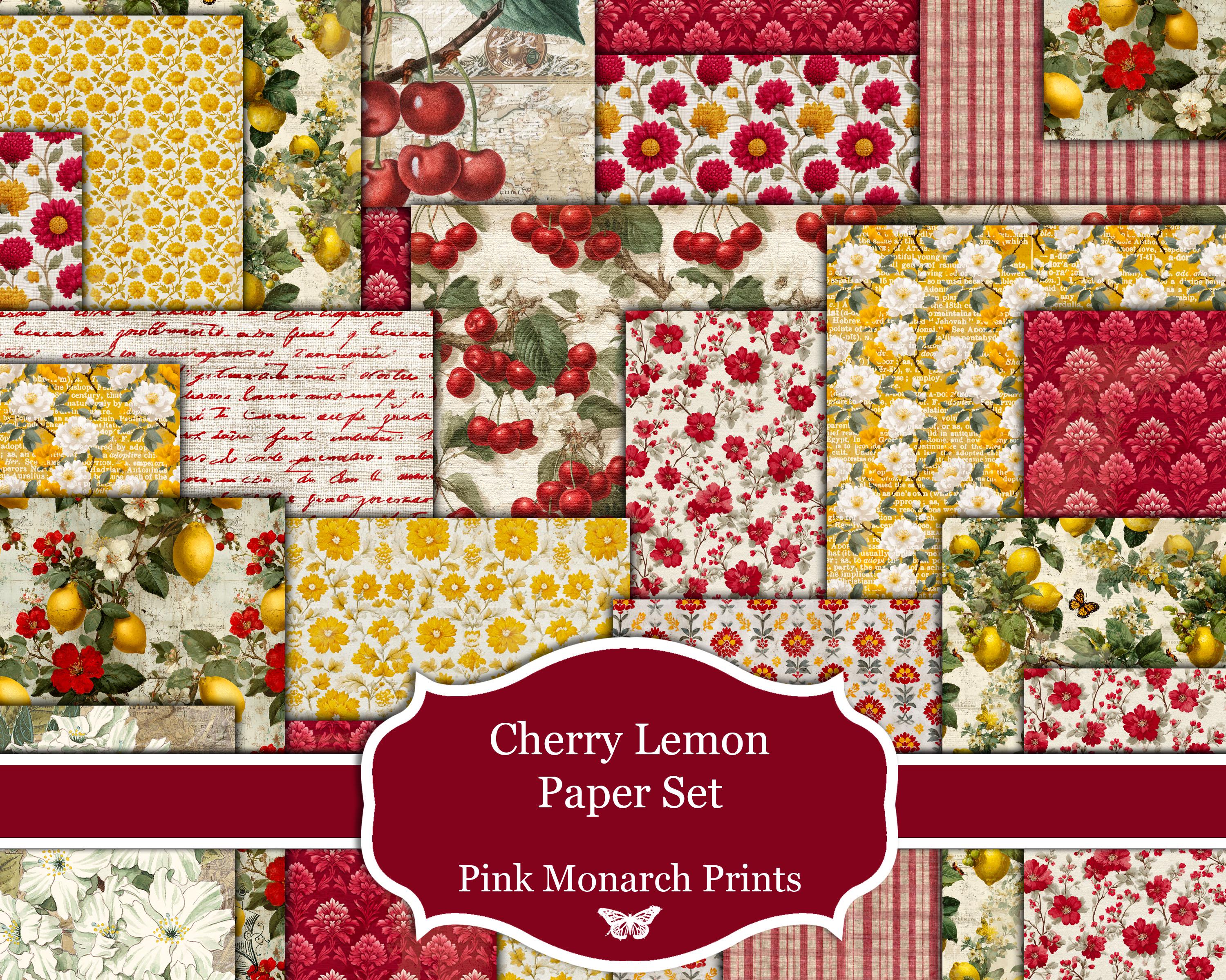 Cherry Lemon Paper Set, Printable Papers, Digital Junk Journal, Scrapbook Papers, Pink Monarch Prints, Red Junk Journal, Yellow Junk Journal