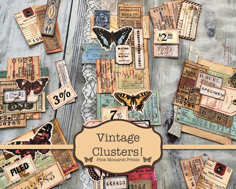 Puede incluir: Ef&iacute;meras vintage y papel ef&iacute;mero con mariposas, incluyendo un boleto que dice "Season Press Ticket" y una etiqueta que dice "D. Buel Troy Specimen".