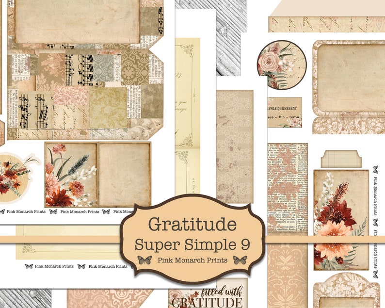 May include: A digital collage sheet with a vintage aesthetic featuring various floral and text elements. The sheet includes a title "Gratitude Super Simple 9" and the text "fitted with GRATITUDE".