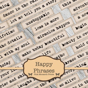 Happy Phrases, Digital Words, Embellishments for Junk Journals, Printable Junk Journaling Words, Collage Ephemera, Happy Junk Journal Words