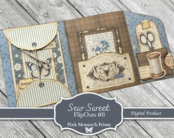 Sew Sweet FlipOuts #8, Junk Journaling Mini Folio, Page Idea, Kit, Pink Monarch Prints, Digital Kit