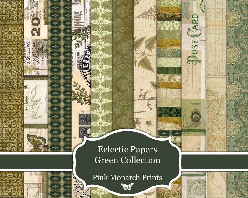 May include: A collection of 12 digital papers featuring green and brown patterns, including floral, geometric, and vintage designs. The papers are titled "Eclectic Papers Green Collection" and "Pink Monarch Prints".