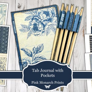 Tab Journal with Pockets, January 2025 Mini Project, Printable Kit, Junk Journal Folio, Digital Junk Journal, Folio, Journal, Toile, Blue