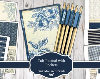 Tab Journal with Pockets, January 2025 Mini Project, Printable Kit, Junk Journal Folio, Digital Junk Journal, Folio, Journal, Toile, Blue