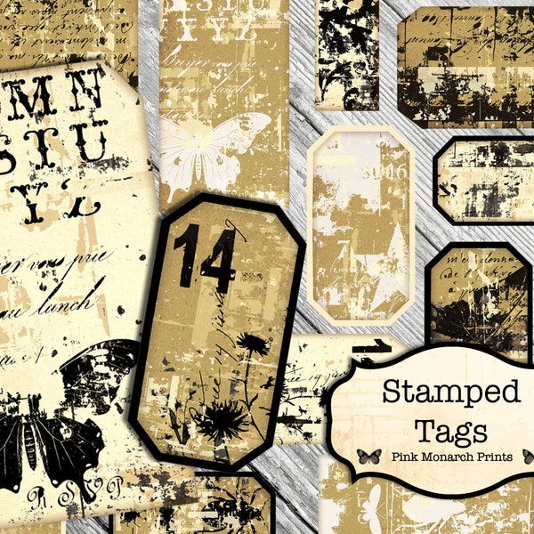 Stamped Tags, Junk Journal Supplies for Download, Vintage Ephemera, Junk Journal Printable, Junk Journal Printable, Junk Journal Tags