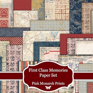 May include: A collage of patterned paper sheets in various designs and colors. The designs include maps, floral patterns, postage stamps, and handwritten script. The color palette features red, blue, beige, and pink tones. The text on the image reads "First Class Memories Paper Set" and "Pink Monarch Prints."