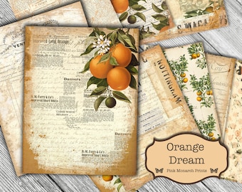 Orange Dream Papers, Junk Journal Papers, Junk Journal Kit, Junk Journaling Supplies, Printable Junk Journal Kit, Junk Journal Digital