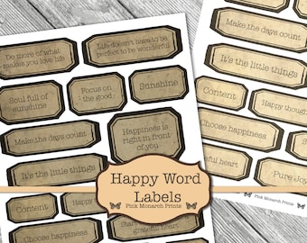 Happy Word Labels, Junk Journaling Words, Words for Junk Journals, Junk Journal Word Set, Printable Words, Junk Journaling, Printable, Digit