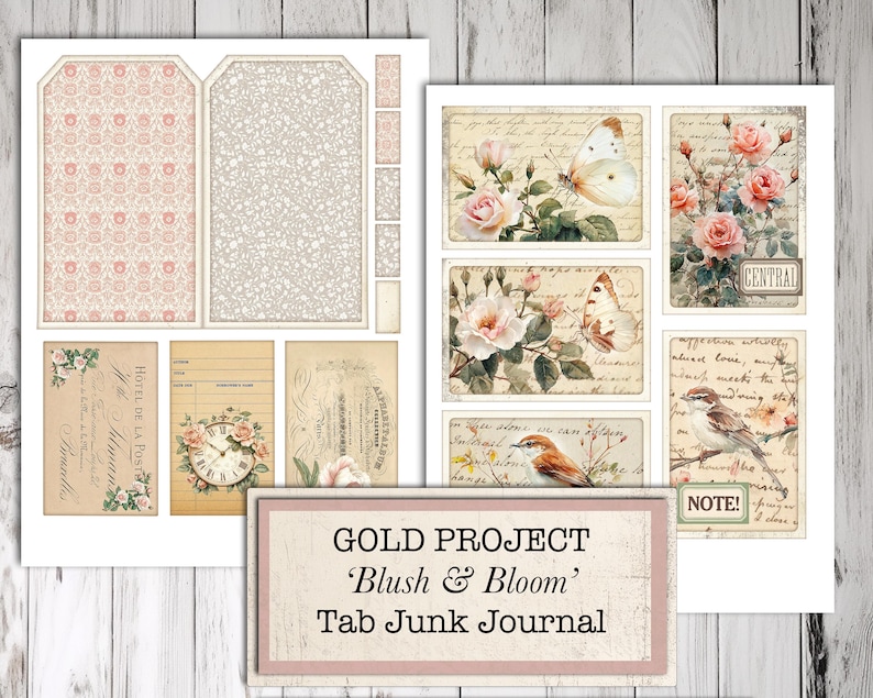 May include: A collection of printable journal pages with a vintage aesthetic. The pages feature floral and butterfly illustrations, tags, and ephemera. The color palette includes soft pinks, creams, and beige tones. The text "GOLD PROJECT 'Blush & Bloom' Tab Junk Journal" is visible.
