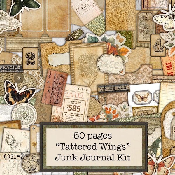 Tattered Wings Junk Journal Kit: 50 Pages, Large Printable Collection for Scrapbooking (Digital Download)
