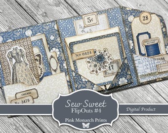 Sew Sweet FlipOuts #4, Junk Journaling Mini Folio, Page Idea, Kit, Pink Monarch Prints, Digital Kit