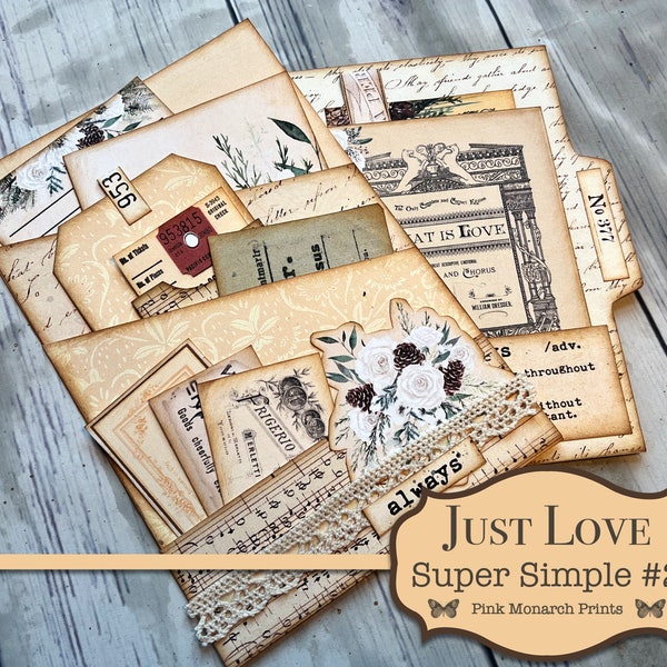 Just Love Super Simples 2, Junk Journal Kit, Junk Journal, Folio, Junk Journaling Ephemera, Wedding, Winter Junk Journal, Pink Monarch Print