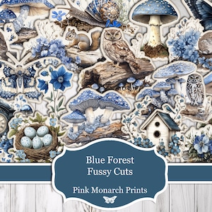 Blauwe bos kieskeurige snijwonden, kieskeurige snijwonden, kortstondig, shabby chic, junk Journal Kit, junk Journal, afdrukbaar, bos kieskeurige snijwonden, clipart bos