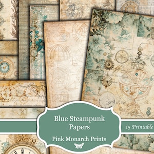 Blau Steam Punk Papiersammlung, Druckbare Papiere, Digital Junk Journal, Steampunk Junk Journal, Junk Journal Kit, Pink Monarch Prints