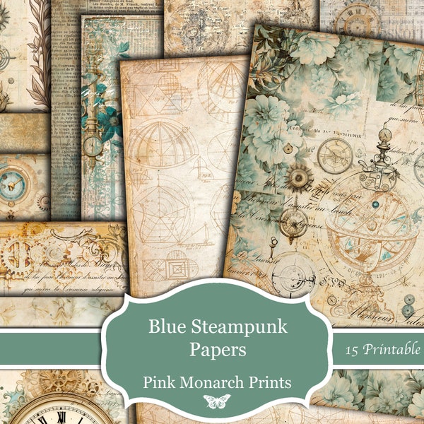 Blue Steam Punk Paper Collection, Printable Papers, Digital Junk Journal, Steampunk Junk Journal, Junk Journal Kit, Pink Monarch Prints