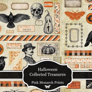 May include: A digital collage sheet featuring Halloween-themed ephemera including black ravens, a human skull, a jack-o'-lantern, a vintage portrait of a man, orange moths, and striped borders on a textured beige background with the text Halloween Collected Treasures.