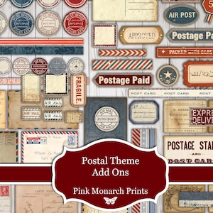 Può includere: Una collezione di elementi a tema postale vintage, tra cui francobolli, etichette e cartoline. Il design presenta una varietà di forme e dimensioni, con testo come "Postage Paid" e "Air Mail". La tavolozza dei colori include rosso, blu e crema.
