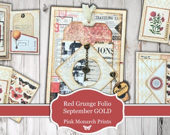 Red Grunge Folio, GOLD Project, September 2024, Folio, Junk Journal, Shabby Chic, Junk Journal Kit, Junk Journal Supplies, Red and Black