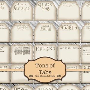 May include: A collection of vintage-style tabs with various numbers, dates, and text. The tabs are beige with brown text and are arranged in a grid pattern. The text on the tabs includes "Tons of Tabs", "Pink Monarch Prints", "Library Vault 19", "Calendar 1916", "May 28th, 1923", and "Century".