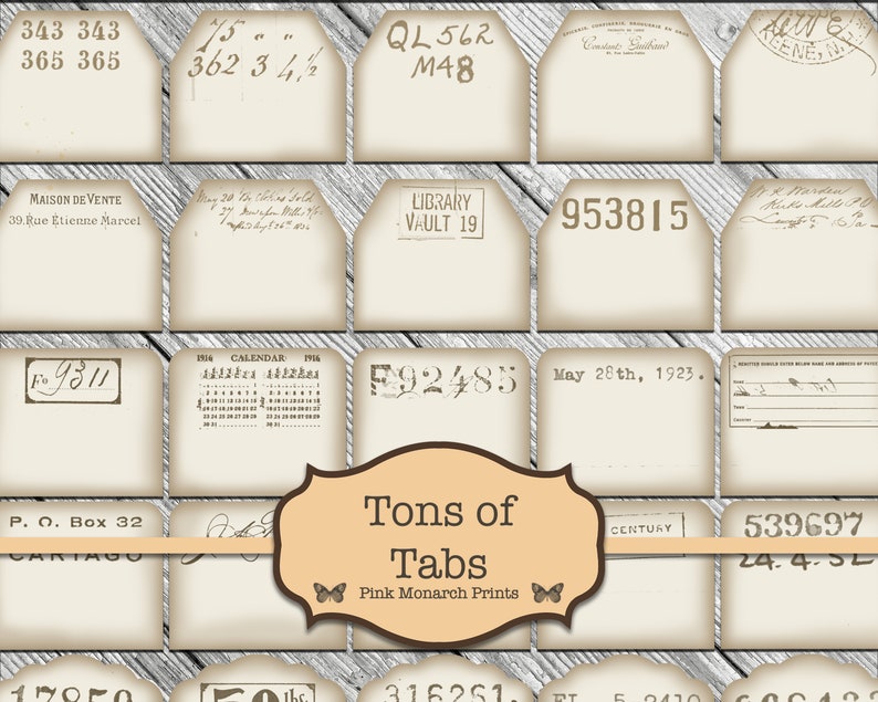 May include: A collection of vintage-style tabs with various numbers, dates, and text. The tabs are beige with brown text and are arranged in a grid pattern. The text on the tabs includes "Tons of Tabs", "Pink Monarch Prints", "Library Vault 19", "Calendar 1916", "May 28th, 1923", and "Century".