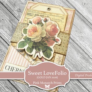 Puede incluir: Un folio de papel hecho a mano con un dise&ntilde;o floral de rosas. El folio tiene una est&eacute;tica vintage con una combinaci&oacute;n de colores rosa y crema. El texto "Sweet LoveFolio" y "Pink Monarch Prints" son visibles.