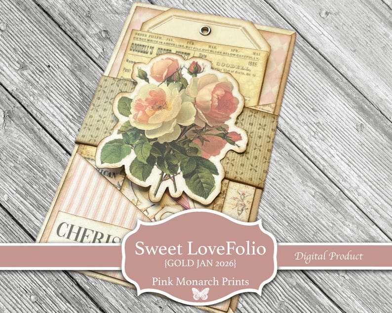Puede incluir: Un folio de papel hecho a mano con un dise&ntilde;o floral de rosas. El folio tiene una est&eacute;tica vintage con una combinaci&oacute;n de colores rosa y crema. El texto "Sweet LoveFolio" y "Pink Monarch Prints" son visibles.