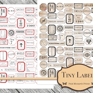 May include: A sheet of vintage-style labels with a variety of designs and text. The labels are printed on a cream-colored paper with black and red ink. The labels feature text such as "Specimen", "Paid", "Traveling Expenses", "Trip", "Season Press Ticket", "Library Vault 19", "Soldiers Mail", "Ticket", "Memorandum", "Serial Number", "Fragile", and "Tiny Labels".