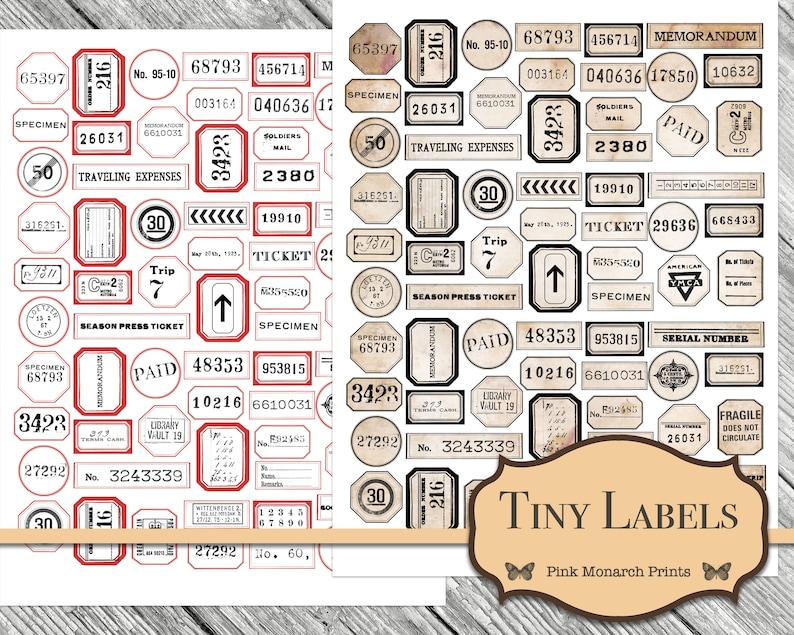 May include: A sheet of vintage-style labels with a variety of designs and text. The labels are printed on a cream-colored paper with black and red ink. The labels feature text such as "Specimen", "Paid", "Traveling Expenses", "Trip", "Season Press Ticket", "Library Vault 19", "Soldiers Mail", "Ticket", "Memorandum", "Serial Number", "Fragile", and "Tiny Labels".