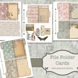 May include: File folder cards with a vintage aesthetic. The cards feature floral and Asian-inspired designs, including illustrations of geishas, butterflies, and lanterns. The cards have a variety of colors, including pink, green, and beige. The text on the cards includes words like "Enjoy" and "Adventure".