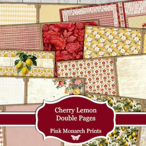 May include: A collection of patterned paper sheets featuring floral, lemon, and cherry motifs. The colour scheme includes red, yellow, and white. The text "Cherry Lemon Double Pages" and "Pink Monarch Prints" is displayed on a burgundy banner.