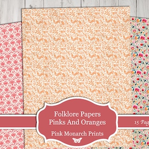 Op de afbeelding: Drie digitale papierontwerpen met bloemmotieven in roze, oranje en wit. De papieren zijn getiteld "Folklore Papers Pinks And Oranges Pink Monarch Prints" en "15 Pages".