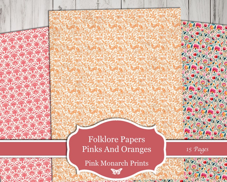 Op de afbeelding: Drie digitale papierontwerpen met bloemmotieven in roze, oranje en wit. De papieren zijn getiteld "Folklore Papers Pinks And Oranges Pink Monarch Prints" en "15 Pages".