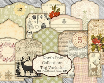 May include: A set of 25 vintage-style Christmas gift tags with various designs, including a reindeer, snowflakes, and a Christmas tree. The tags are printed on aged paper with a distressed look and have a rustic, vintage feel. The text on the tags reads "North Pole Collection: Tag Varieties, Pink Monarch Prints".