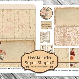 May include: A digital printable set of nine vintage-style cards with a floral design and the text "Gratitude Super Simple 9" and "Pink Monarch Prints".