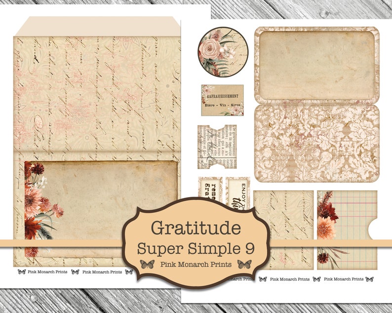 May include: A digital printable set of nine vintage-style cards with a floral design and the text "Gratitude Super Simple 9" and "Pink Monarch Prints".
